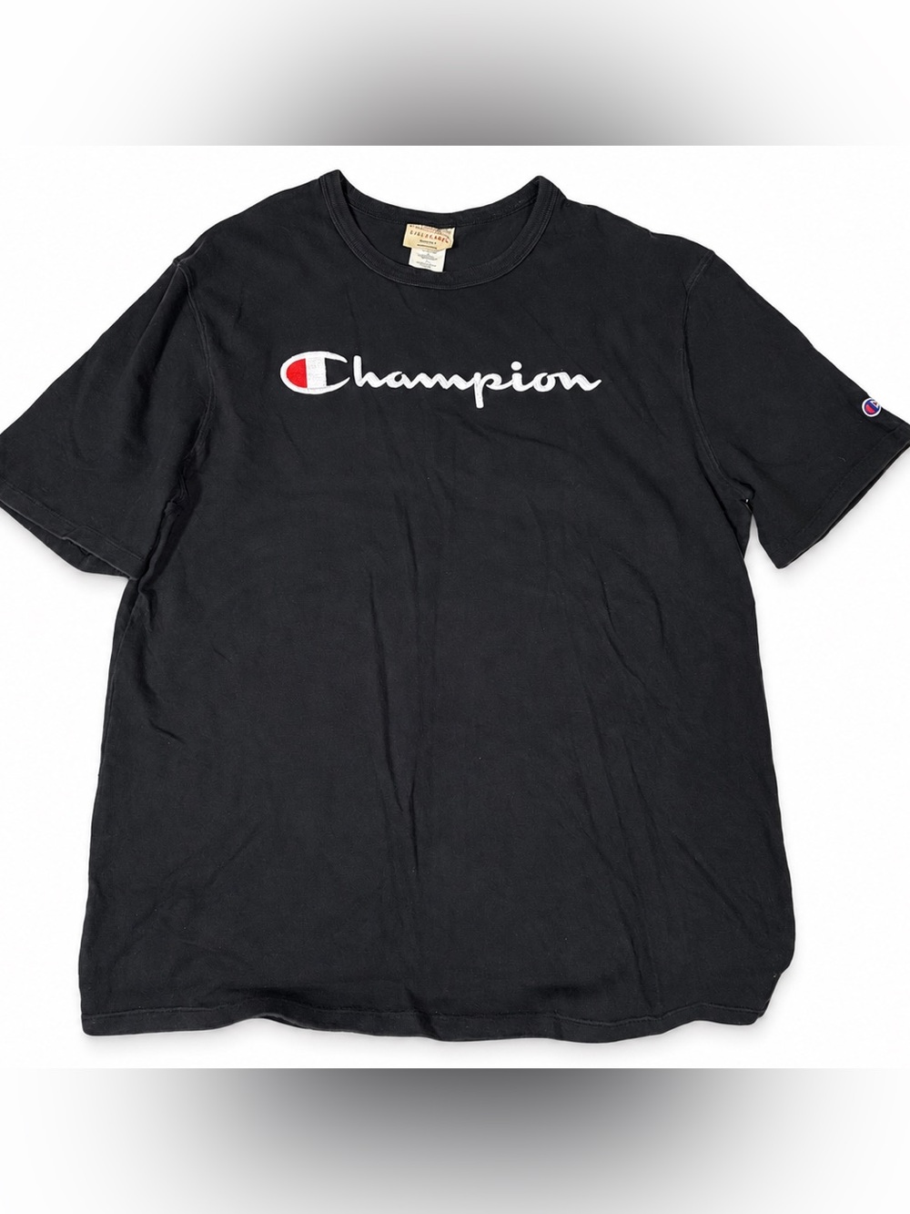 Champion Men Black Tee with White Script and Red Emblem XL